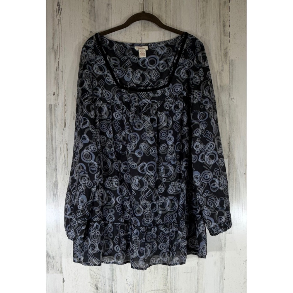 Sundance Tunic XL Black Gray Silk Blend Abstract Print Ruffle Peasant Semi Sheer